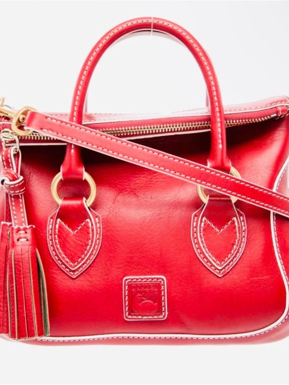 Dooney & Bourke Red Leather Satchel Tassel Crossbody Strap Florentine Savannah